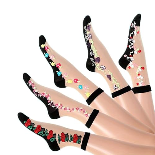 Yolhloy 5 Paar Söckchen Damen Durchsichtige Nylon Socken Dünne Sommer Transparente Feinstrümpfe Nylonstrümpfe Knöchelsocken Rüschen Baumwolle Sohle für Frauen Mädchen von Yolhloy