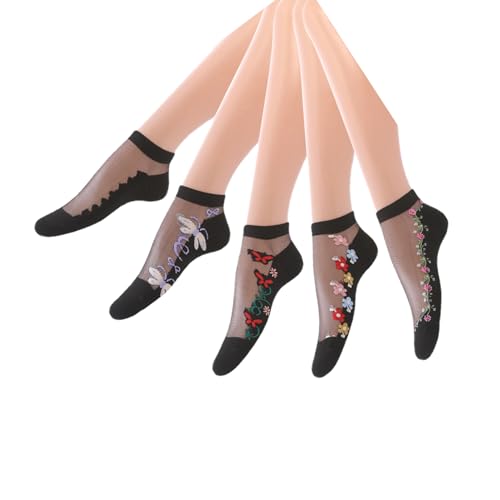 Yolhloy 5 Paar Söckchen Damen Durchsichtige Nylon Socken Dünne Sommer Transparente Feinstrümpfe Nylonstrümpfe Knöchelsocken Rüschen Baumwolle Sohle für Frauen Mädchen von Yolhloy