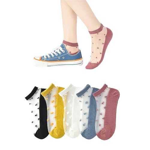 Yolhloy 5 Paar Transparente Damen Socken, Gedruckt Stickerei Atmungsaktiv Söckchen Mesh Socken Nylon, Casual Dünn Sommer Spitzen Socken für Frauen und Mädchen von Yolhloy