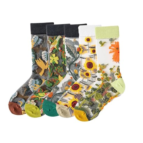 Yolhloy 5 Paare Damen Mesh Socken Spitze Blume Stickerei Transparente Socken Dünne Sommer Jacquard Kristall Glas Durchsichtig Söckchen für Frauen und Mädchen von Yolhloy