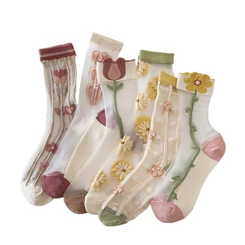 Yolhloy 5 Paare Damen Mesh Socken Spitze Blume Stickerei Transparente Socken Dünne Sommer Jacquard Kristall Glas Durchsichtig Söckchen für Frauen und Mädchen von Yolhloy
