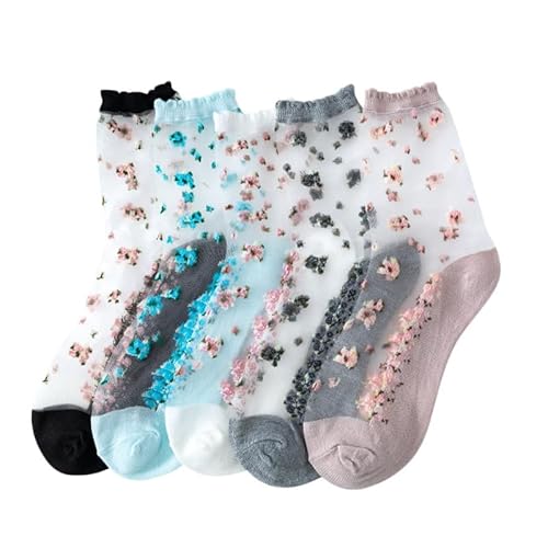 Yolhloy 5 Paare Damen Mesh Socken Spitze Blume Stickerei Transparente Socken Dünne Sommer Jacquard Kristall Glas Durchsichtig Söckchen für Frauen und Mädchen von Yolhloy