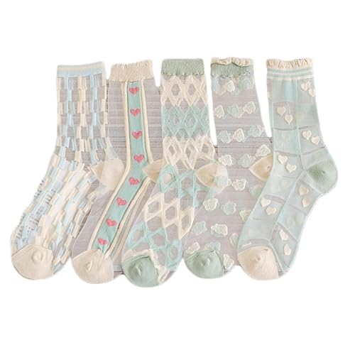 Yolhloy 5 Paare Damen Mesh Socken Spitze Blume Stickerei Transparente Socken Dünne Sommer Jacquard Kristall Glas Durchsichtig Söckchen für Frauen und Mädchen von Yolhloy