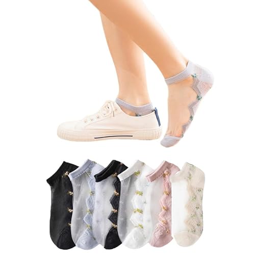 Yolhloy 6 Paar Glas Mesh-Socken Damen Durchsichtige Socken Dünne Feinsöckchen Netzsocken Sommer Spitze Muster Kurze Socken für Frauen und Mädchen von Yolhloy