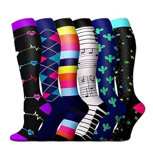 Yolhloy 6 Paar Kompressionssocken für Damen und Herren Bunte Stützstrümpfe Sport Kompressionsstrümpfe Reisestrümpfe Kniestrümpfe Compression Sock von Yolhloy