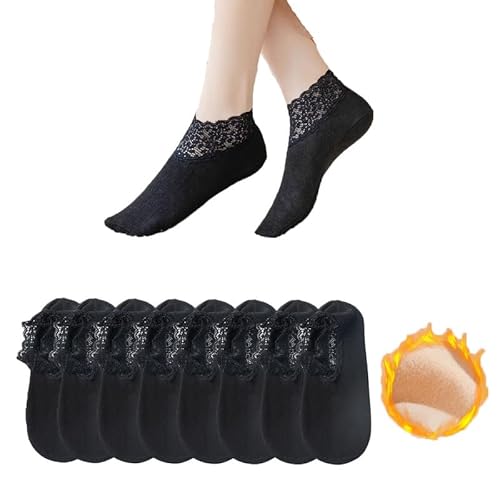 Yolhloy 8 Paar Wollsocken Spitze Socken Warm Dicke Winter Socken mit rutschfestem Boden Thermosocken Baumwolle Rüschen Boot Kurz Socken für Damen Mädchen von Yolhloy