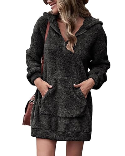 Yolhloy Kapuzenpullover Damen Winter Teddy-Fleece Pullover Warm Hoodie Sweatshirt Kleider Plüsch Winterpullover Sweater Langarm Pulli mit Tasche von Yolhloy