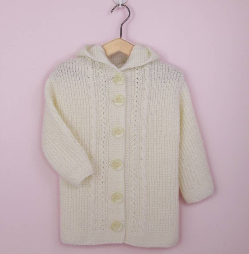 Weiß Gestrickte Strickjacke - Mädchen Und Jungen Kapuzenpullover von YoliaKnittings