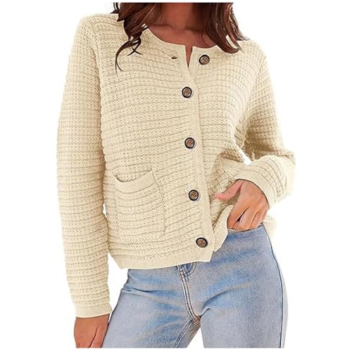 Yolimok Damen Strickjacke Sale,Leichte Langen Ärmeln Rundhalsausschnitt Tops Oberteil mit Goldenen Knöpfen Frauen Chic und Elegant Sweater Klassische Jacke mit Tasche Locker Mantel Warmer Komfort von Yolimok