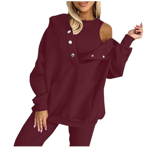 Yolimok Trainingsanzug Damen Casual Einfarbige 2-Teiliges Lounge Set Knopfleiste Sweatshirt ohne Kapuze Mit Kängurutasche + Rundhalsweste- Herbst Sportswear Jogginganzug Freizeitanzug Tracksuit von Yolimok