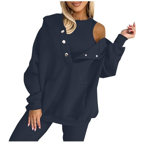 Yolimok Jersey Trainingsanzug Damen Casual Einfarbige 2-Teiliges Set- Knopfleiste Sweatshirt Mit Kängurutasche + Rundhalsweste- Herbst Sportswear Jogginganzug Freizeitanzug Tracksuit von Yolimok