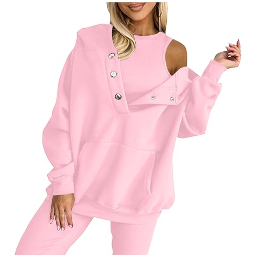 Yolimok Trainingsanzug Damen Casual Einfarbige 2-Teiliges Lounge Set Knopfleiste Sweatshirt ohne Kapuze Mit Kängurutasche + Rundhalsweste- Herbst Sportswear Jogginganzug Freizeitanzug Tracksuit von Yolimok