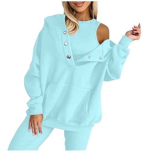 Yolimok Trainingsanzug Damen Casual Einfarbige 2-Teiliges Lounge Set- Knopfleiste Sweatshirt ohne Kapuze Mit Kängurutasche + Rundhalsweste- Herbst Sportswear Jogginganzug Freizeitanzug Tracksuit von Yolimok