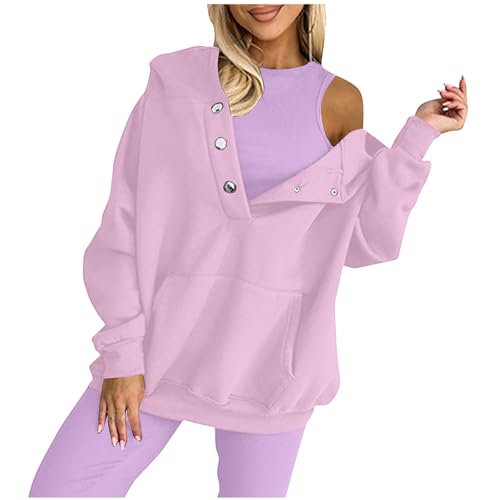 Yolimok Oberteile Trainingsanzug Damen Casual Einfarbige 2-Teiliges Set- Knopfleiste Sweatshirt Mit Kängurutasche + Rundhalsweste- Herbst Sportswear Jogginganzug Freizeitanzug Tracksuit von Yolimok