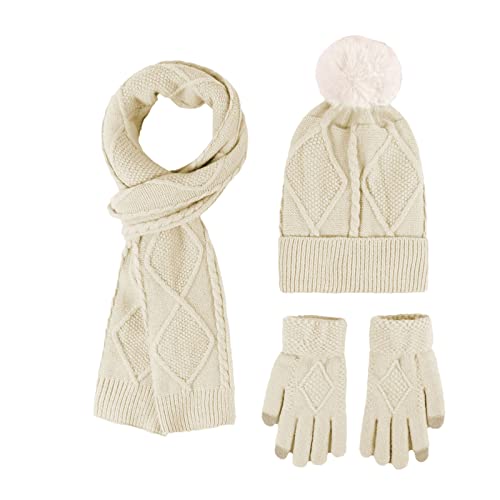 Yolispa Damen-Schal, Handschuhe, Mütze, 3-teiliges Set, einfarbig, weicher Stoff, warmes Winter-Set für kaltes Wetter, beige, One size von Yolispa