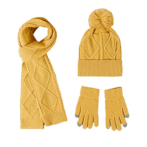 Yolispa Damen-Schal, Handschuhe, Mütze, 3-teiliges Set, einfarbig, weicher Stoff, warmes Winter-Set für kaltes Wetter, gelb, One size von Yolispa