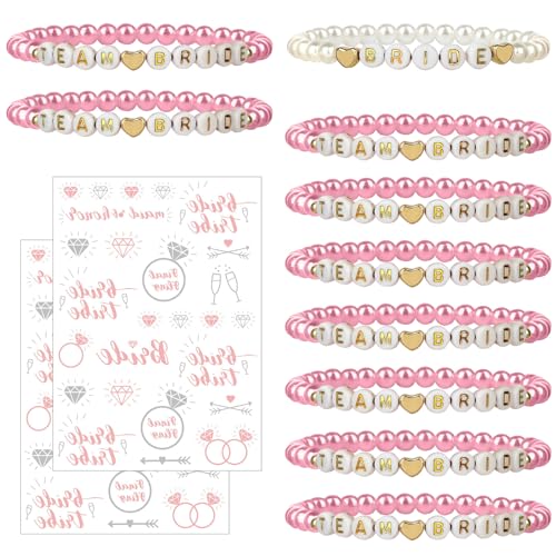 Yoljun 10 Stück Team Braut Armbänder, Mit 2 Aufklebern, Perlen Stil Team Bride Armbänder, Elegante Junggesellinnenabschied Accessoires, Romantische Brautgeschenke von Yoljun