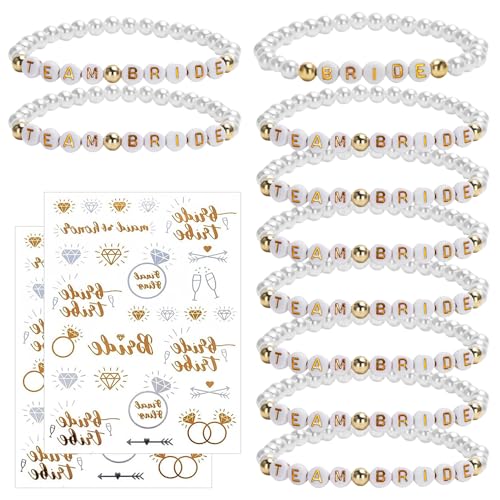 Yoljun 10 Stück Team Bride Armbänder, 2 Stück Team Bride Tattoos, Elegante Armbänder Set, Junggesellinnenabschied Deko, Brautjungfer Geschenke Für Hochzeiten, Party Accessoires In Weiß von Yoljun