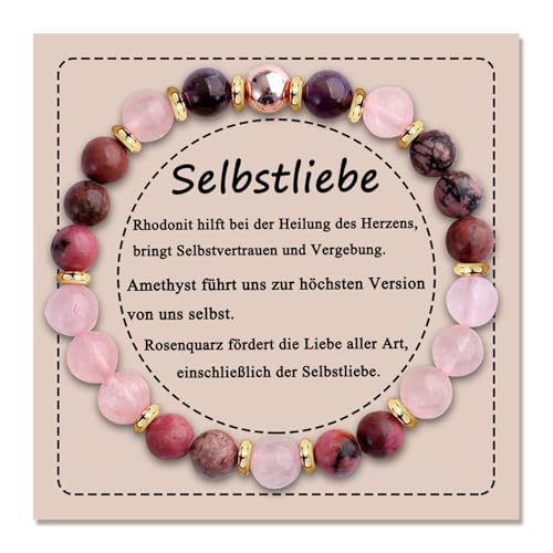 Yoljun Charm Armband Damen, Natürliches Edelstein Armband Perlen mit Selbstfürsorge Karte, Elegantes Armband Damen Perlen, Vielseitiges Schmuck Geschenk für Frauen Mädchen Einschulung Mutter Tochter von Yoljun