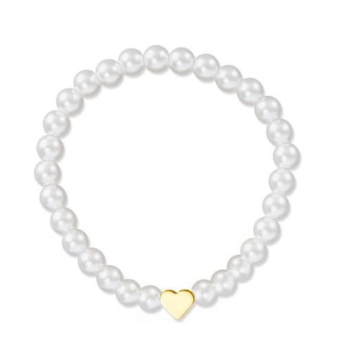Yoljun Goldfarbenes Perlenarmband mit Herz-Anhänger, Elastisches Armband aus Perlmuttperlen 6mm, Weißes Perlen Armband für Damen, Elegante Schmuck Geschenk für Muttertag, Valentinstag, Hochzeit von Yoljun