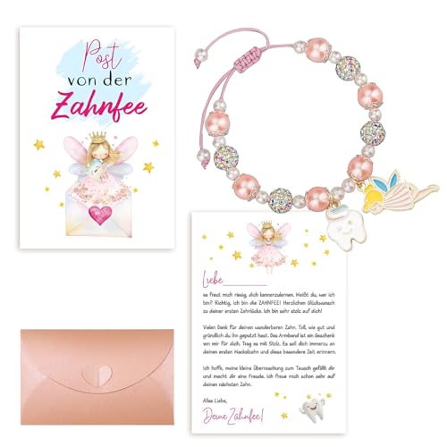 Yoljun Zahnfee Geschenk Armband mit Grußkarte, Rosa Perlenarmband, 8mm Perlen Verstellbar Armband, Kinder Mädchen Schmuck zu Geburtstag Taufe Weihnachten, Trendiges Zahnfee Überraschung von Yoljun