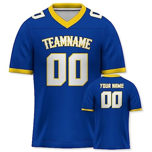 Personalisiertes American Football Trikot Print/Embroidery mit Namen Nummer Blank Practice Jersey Shirts Hip Hop Party Trikot für Herren Damen Kinder Deep Blau Gelb von Yolovi