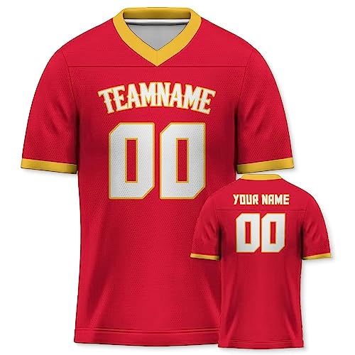 Yolovi Personalisiertes American Football Trikot Print/Embroidery mit Namen Nummer Blank Practice Jersey Shirts Hip Hop Party Trikot für Herren Damen Kinder Rot Gelb von Yolovi