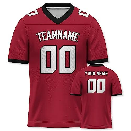 Personalisiertes American Football Trikot Print/Embroidery mit Namen Nummer Blank Practice Jersey Shirts Hip Hop Party Trikot für Herren Damen Kinder Rot Schwarz von Yolovi