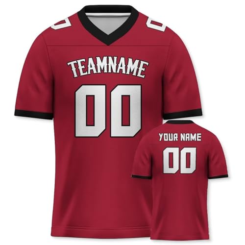 Personalisiertes American Football Trikot Print/Embroidery mit Namen Nummer Blank Practice Jersey Shirts Hip Hop Party Trikot für Herren Damen Kinder Rot Schwarz von Yolovi