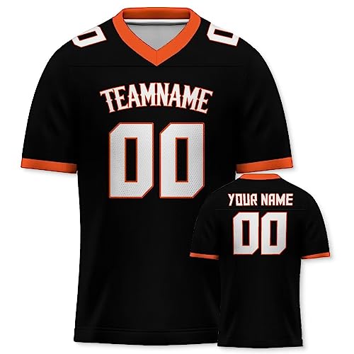 Personalisiertes American Football Trikot Print/Embroidery mit Namen Nummer Blank Practice Jersey Shirts Hip Hop Party Trikot für Herren Damen Kinder Schwarz Orange von Yolovi