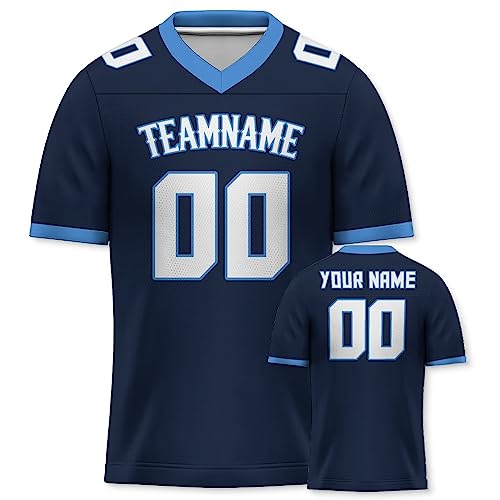 Yolovi Personalisiertes American Football Trikot Print/Embroidery mit Namen Nummer Blank Practice Jersey Shirts Hip Hop Party Trikot für Herren Damen Kinder Weiß Blau von Yolovi