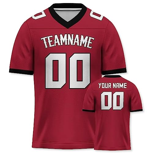 Personalisiertes American Football Trikot Print/Embroidery mit Namen Nummer Blank Practice Jersey Shirts Hip Hop Party Trikot für Herren Damen Kinder Weiß Rot von Yolovi