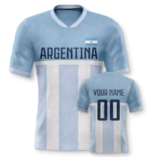 Yolovi Argentinien Personalisiertes Fussball Trikot 3D Druck Football Shirt mit Ihrem Namen und Nummer Hip Hop Football Jersey für Herren Damen Kinder, Small-6X-Large von Yolovi