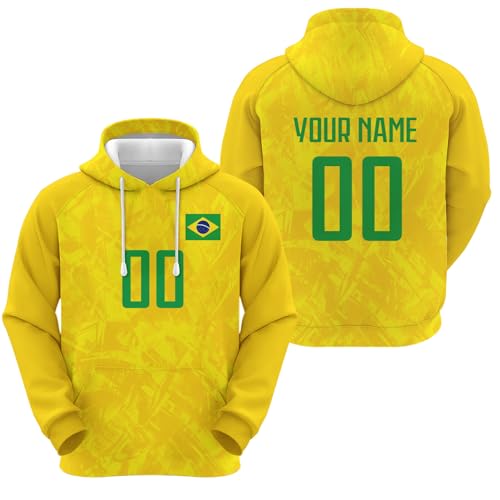 Yolovi Brasilien Personalisiertes Fussball Kapuzenpullover mit Namen Nummer Fans Hoodie Stretch Sweatshirts für Herren Damen Jugendliche von Yolovi