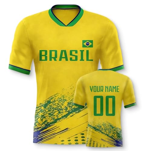 Yolovi Brasilien Personalisiertes Fussball Trikot 3D Druck Football Shirt mit Ihrem Namen und Nummer Hip Hop Football Jersey für Herren Damen Kinder, Small-6X-Large von Yolovi