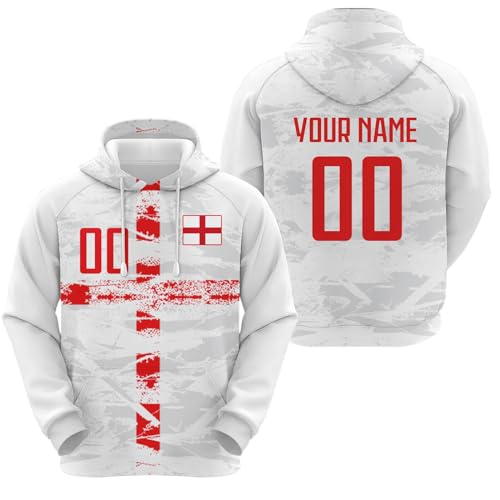 Yolovi England Personalisiertes Fussball Kapuzenpullover mit Namen Nummer Fans Hoodie Stretch Sweatshirts für Herren Damen Jugendliche von Yolovi