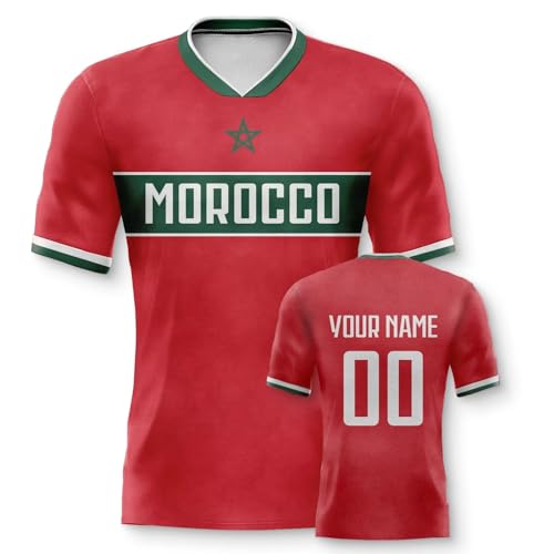 Yolovi Marokko Personalisiertes Fussball Trikot 3D Druck Football Shirt mit Ihrem Namen und Nummer Hip Hop Football Jersey für Herren Damen Kinder, Small-6X-Large von Yolovi