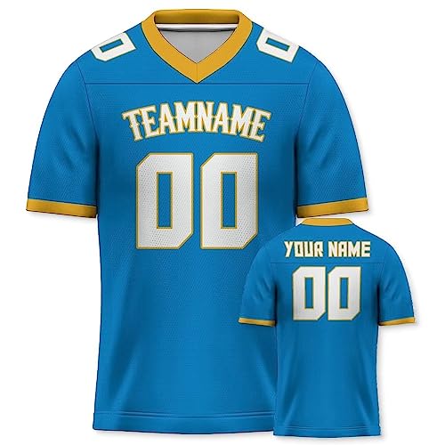 Yolovi Personalisiertes American Football Trikot Print/Embroidery mit Namen Nummer Blank Practice Jersey Shirts Hip Hop Party Trikot für Herren Damen Kinder Blau Gelb von Yolovi