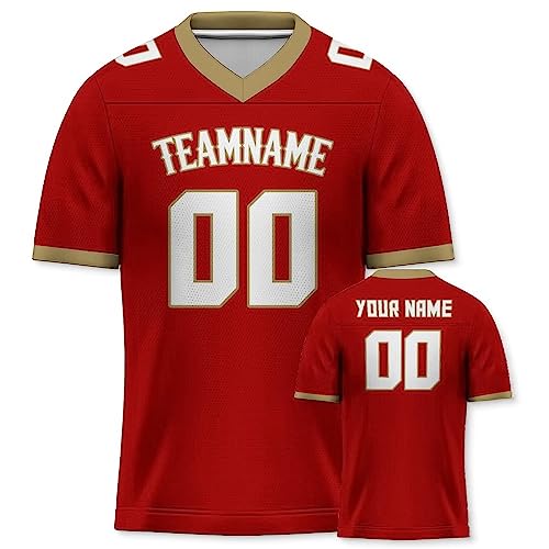 Yolovi Personalisiertes American Football Trikot Print/Embroidery mit Namen Nummer Blank Practice Jersey Shirts Hip Hop Party Trikot für Herren Damen Kinder Rot Khaki von Yolovi