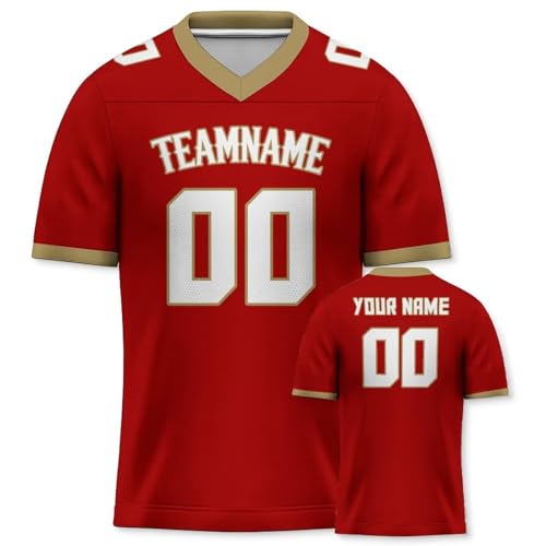 Yolovi Personalisiertes American Football Trikot Print/Embroidery mit Namen Nummer Blank Practice Jersey Shirts Hip Hop Party Trikot für Herren Damen Kinder Rot Khaki von Yolovi