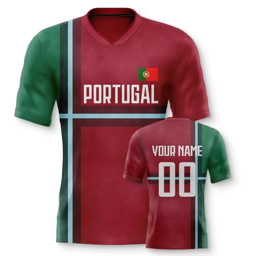 Yolovi Portugal Personalisiertes Fussball Trikot 3D Druck Football Shirt mit Ihrem Namen und Nummer Hip Hop Football Jersey für Herren Damen Kinder, Small-6X-Large von Yolovi