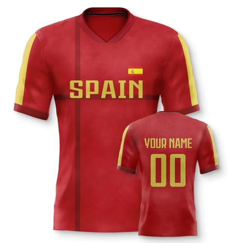 Yolovi Spanien Personalisiertes Fussball Trikot 3D Druck Football Shirt mit Ihrem Namen und Nummer Hip Hop Football Jersey für Herren Damen Kinder, Small-6X-Large von Yolovi