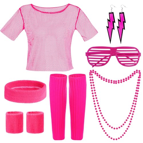 Yolyoo 80er Jahre Outfit Damen Netzoberteil Accessoire 80er Netzshirt Haarreif Halskette Netzhandschuhe Beinstulpen Halloween Karneval Cosplay Party Kostüm Accessoires (Rosa) von Yolyoo