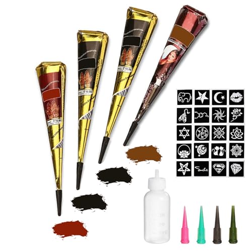 Temporary Tattoos Kit, 4 Stück Semi Permanent Tattoo Paste Kegel, Indien Body DIY Art Painting für Frauen Männer Kinder, Sommer Trend Freehand Plaste mit 3 Farben, 20 Stück Klebeschablone, 1 x Temporary Tattoos Kit, 4 Stück Semi Permanent Tattoo Paste Kegel, Indien Body DIY Art Painting für Frauen Männer Kinder, Sommer Trend Freehand Plaste mit 3 Farben, 20 Stück Klebeschablone, 1 x von Yomagine