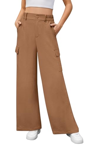 Yommay Cargo Hosen für Damen Sommer Casual Lockere Palazzo Hose Stretch High Waist Wide Leg Leicht Jogginghose mit Taschen,Khaki,XL von Yommay