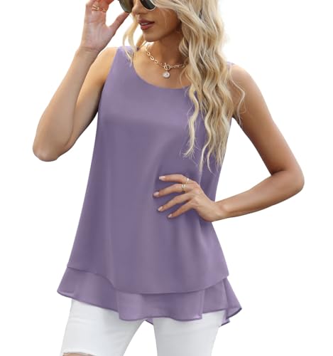 Yommay Chiffon Tank Tops für Damen Sommer Elegante ärmellose Business Cami Casual Blusen Tuniken,Lila Grau,3XL EU von Yommay