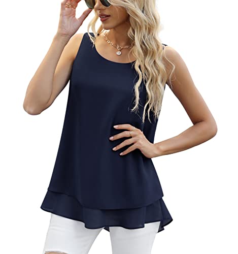 Yommay Chiffon Tank Tops für Damen Sommer Elegante ärmellose Business Cami Casual Blusen Tuniken,Navy Blau,3XL EU von Yommay