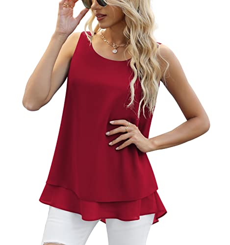 Yommay Chiffon Tank Tops für Damen Sommer Elegante ärmellose Business Cami Casual Blusen Tuniken,Weinrot,L EU von Yommay