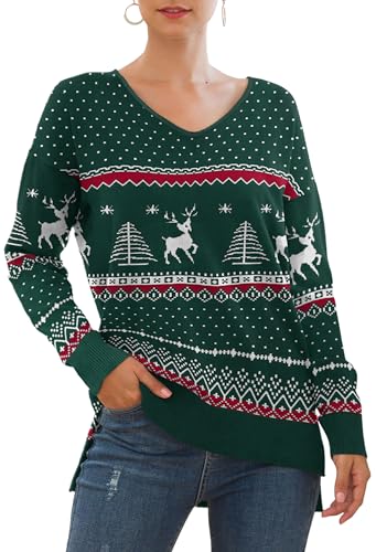 Yommay Christma Pullover für Damen mit V-Ausschnitt Leichtgewicht Langärmeliger Elegant Knitted Sweater Strickpullover Warme Fashion für Winter,Christma Armeegrün,L von Yommay