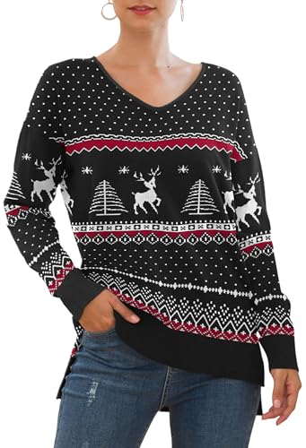 Yommay Christma Pullover für Damen mit V-Ausschnitt Leichtgewicht Langärmeliger Elegant Knitted Sweater Strickpullover Warme Fashion für Winter,Christma Schwarz,2XL von Yommay